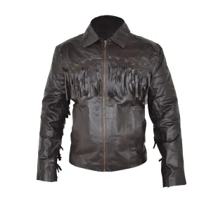 Western Black Leather Fringe Jacket for Men MWJ547