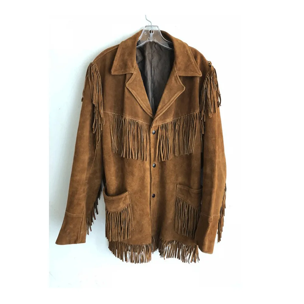 Western Brown Suede Fringe Leather Jacket for Men MWJ775