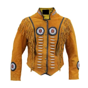 Western Fringe Brown Suede Leather Beaded Jackets for Men MWJ711