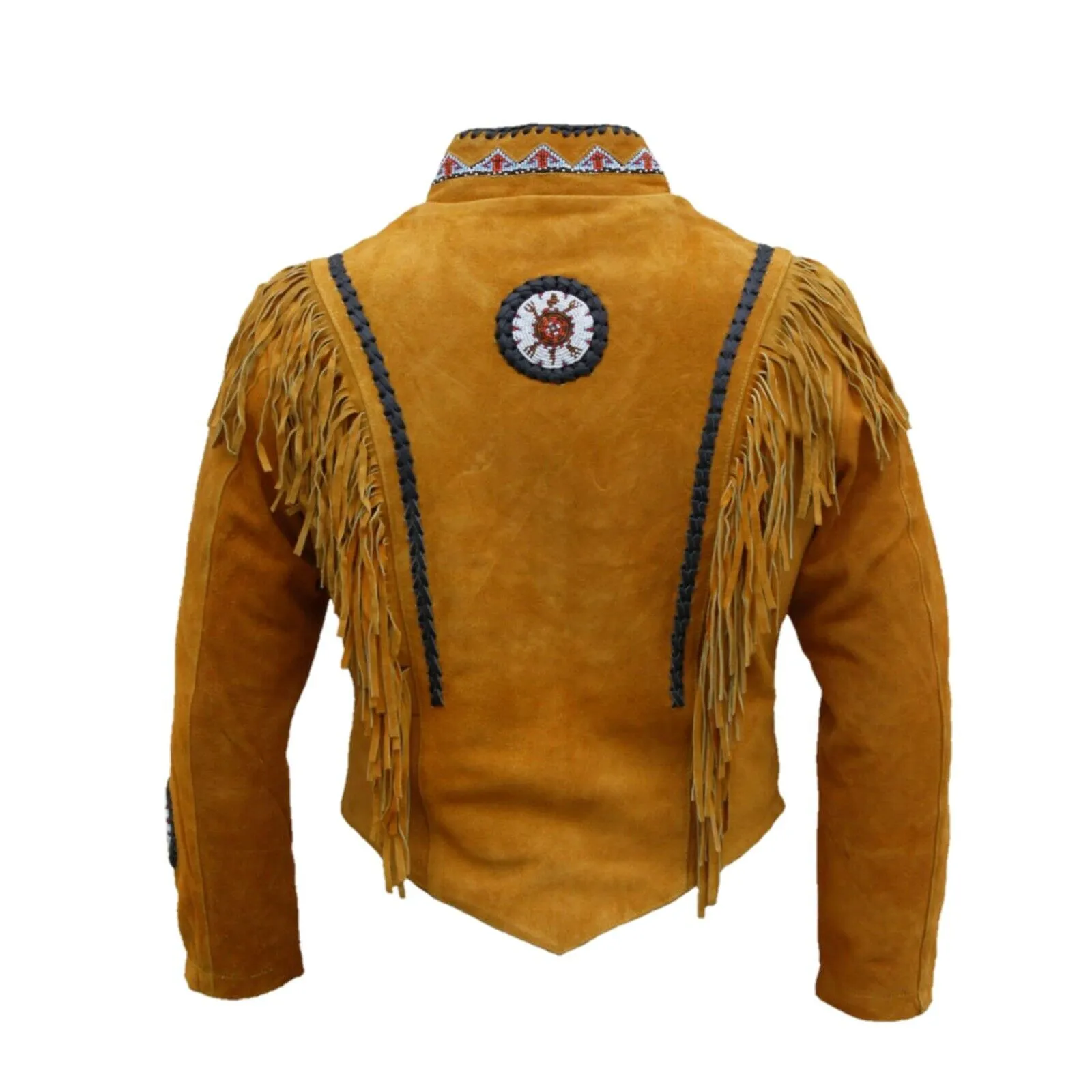Western Fringe Brown Suede Leather Beaded Jackets for Men MWJ711