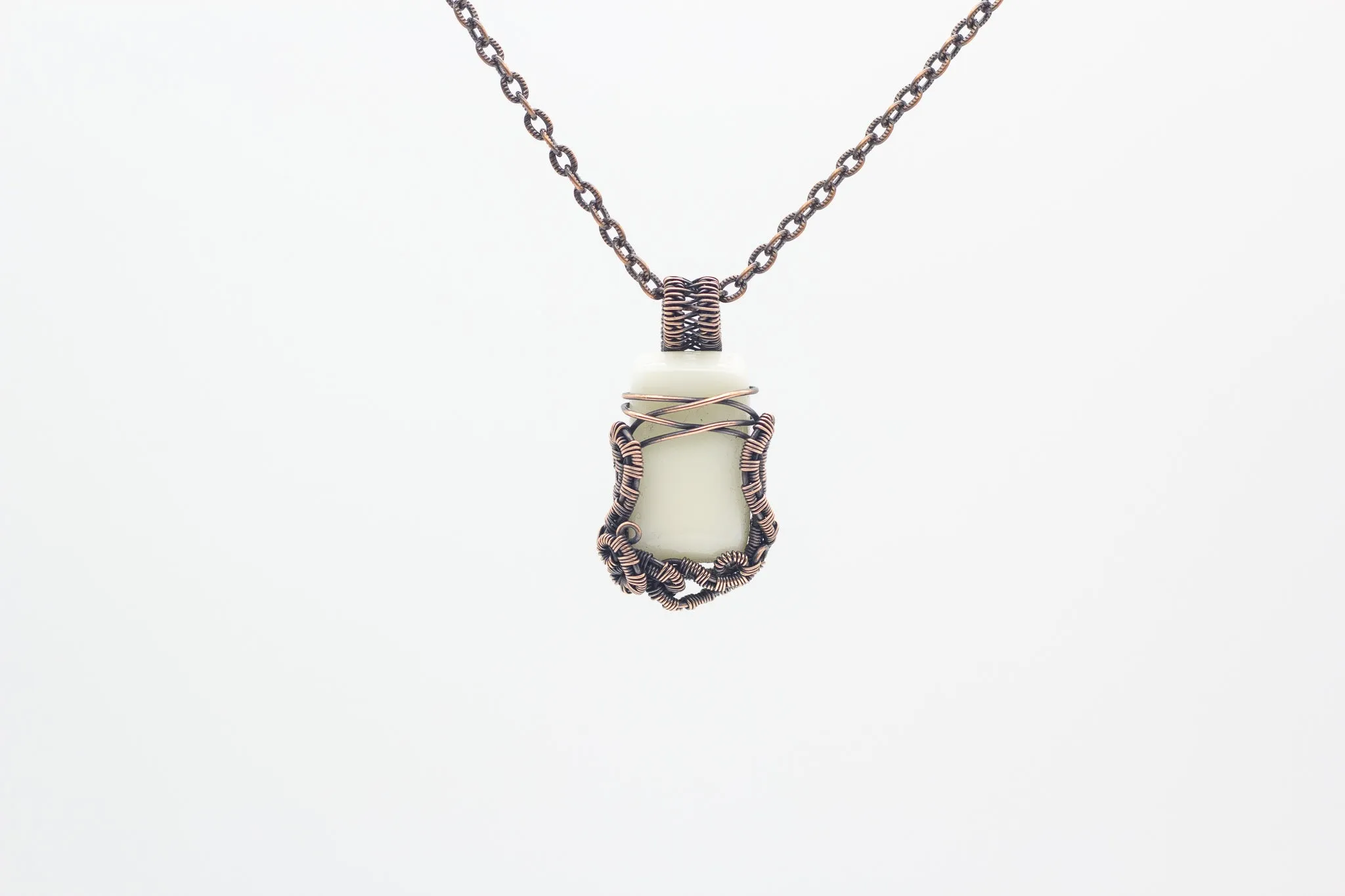 White Fused Glass Pendant with Copper Wire Wrapping