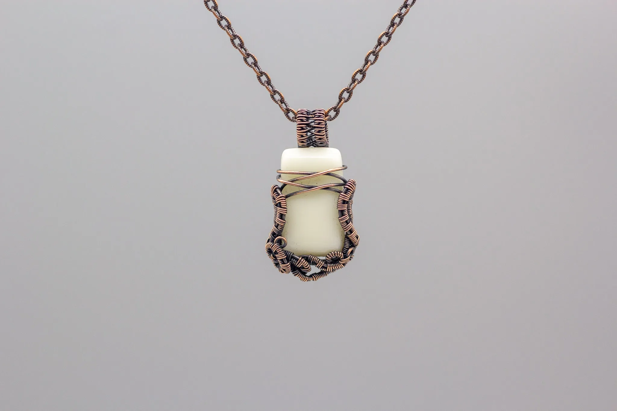 White Fused Glass Pendant with Copper Wire Wrapping