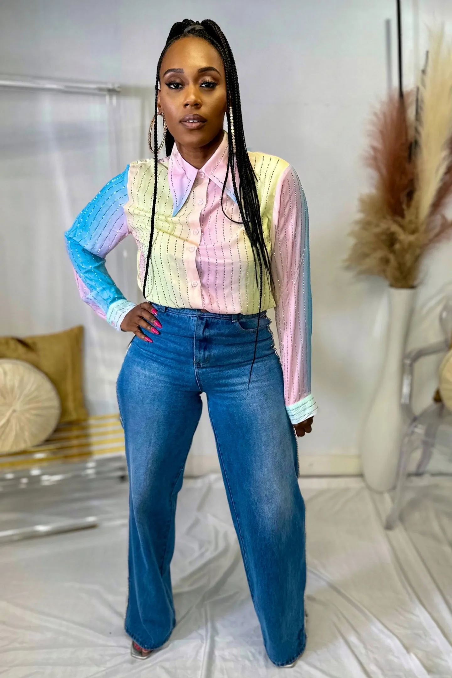 WIDE DENIM SIDE EMBELLISHMENTS