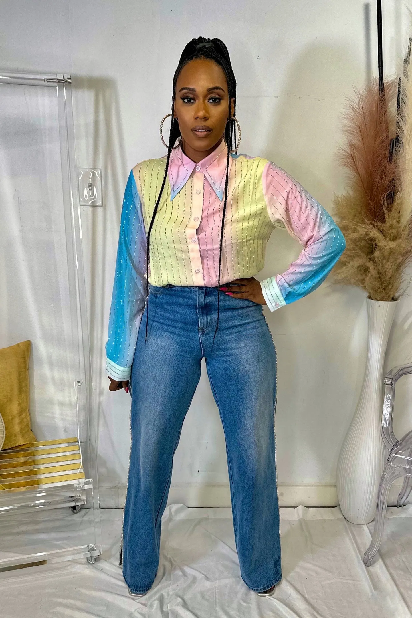 WIDE DENIM SIDE EMBELLISHMENTS