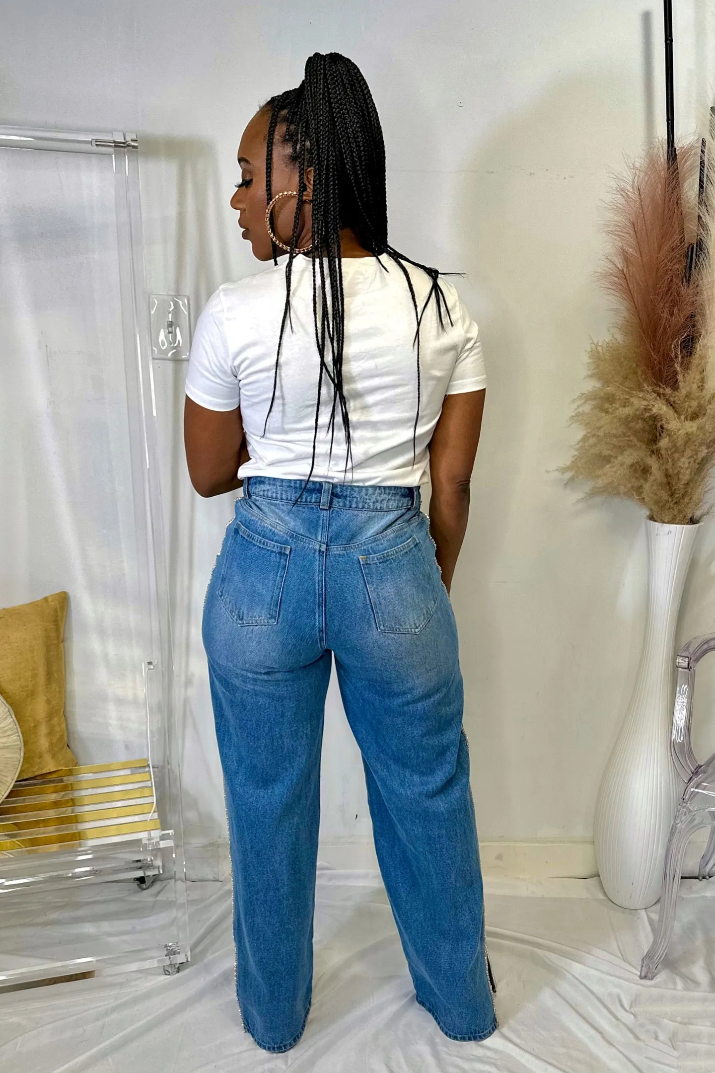 WIDE DENIM SIDE EMBELLISHMENTS