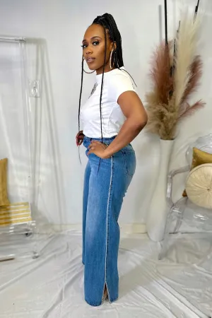 WIDE DENIM SIDE EMBELLISHMENTS