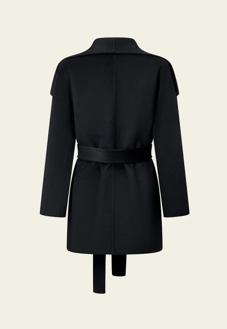 Wide Lapel Wrap-knotted Patch-pocket Cropped Coat