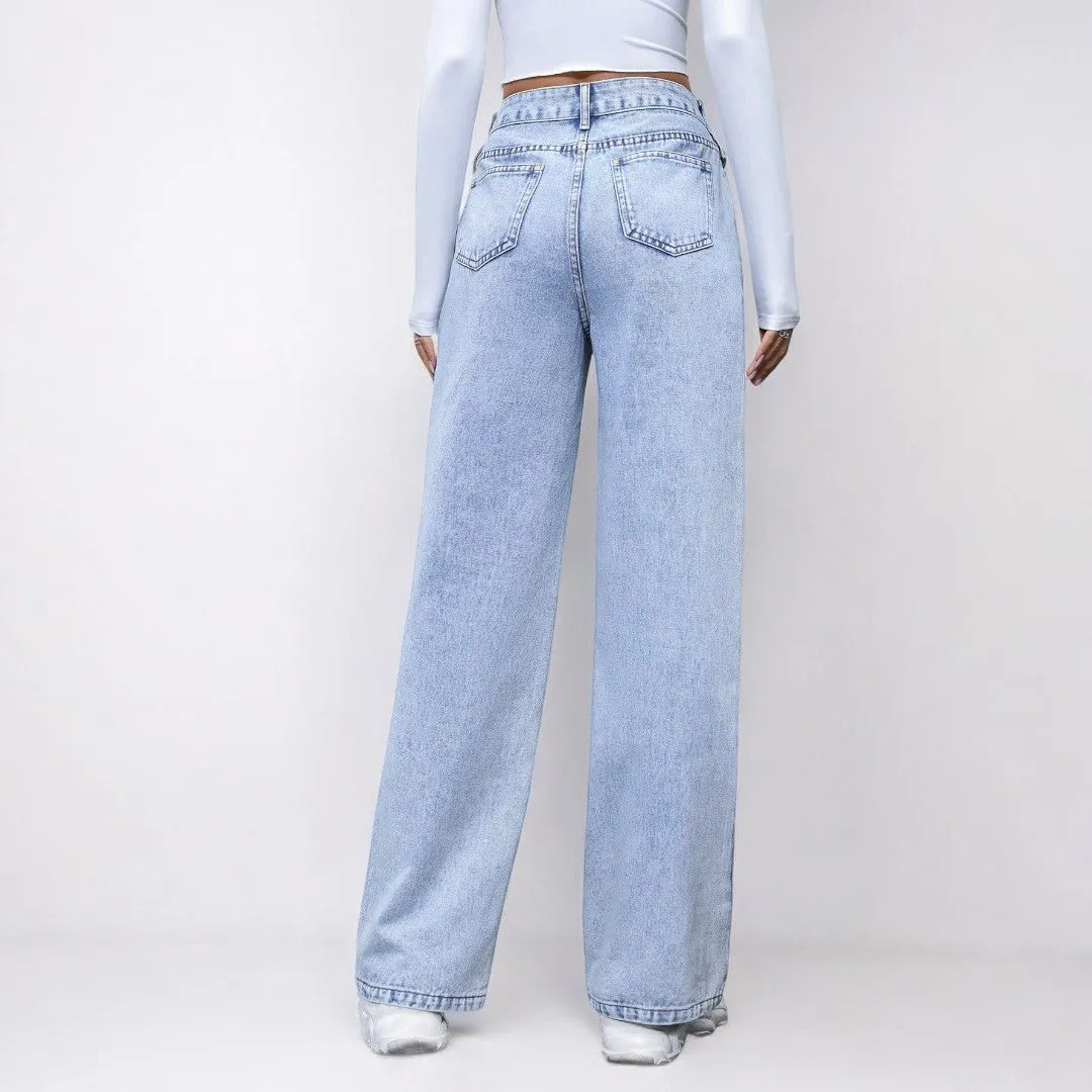 Women Straight Pocket High Waist Denim Jeans