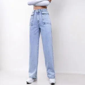 Women Straight Pocket High Waist Denim Jeans