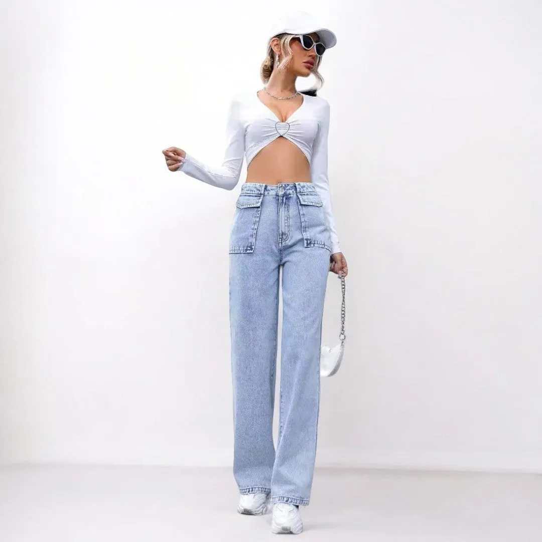 Women Straight Pocket High Waist Denim Jeans