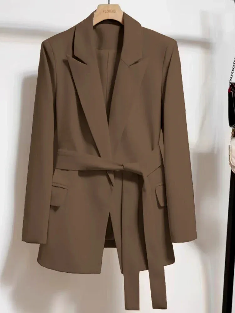 Women's Blazers Spring Autumn Suit Coat Beige Tie Up Jacket Slim Fit Stylish Top Outerwear Office Lady Blazer for Women Clothing