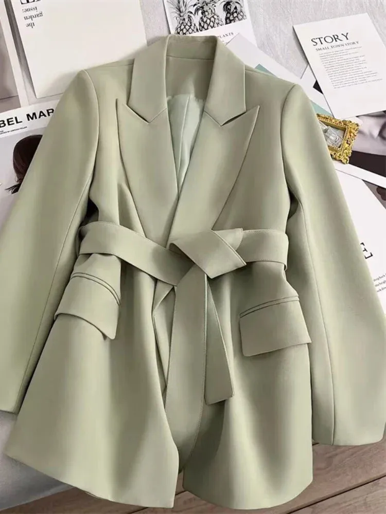 Women's Blazers Spring Autumn Suit Coat Beige Tie Up Jacket Slim Fit Stylish Top Outerwear Office Lady Blazer for Women Clothing