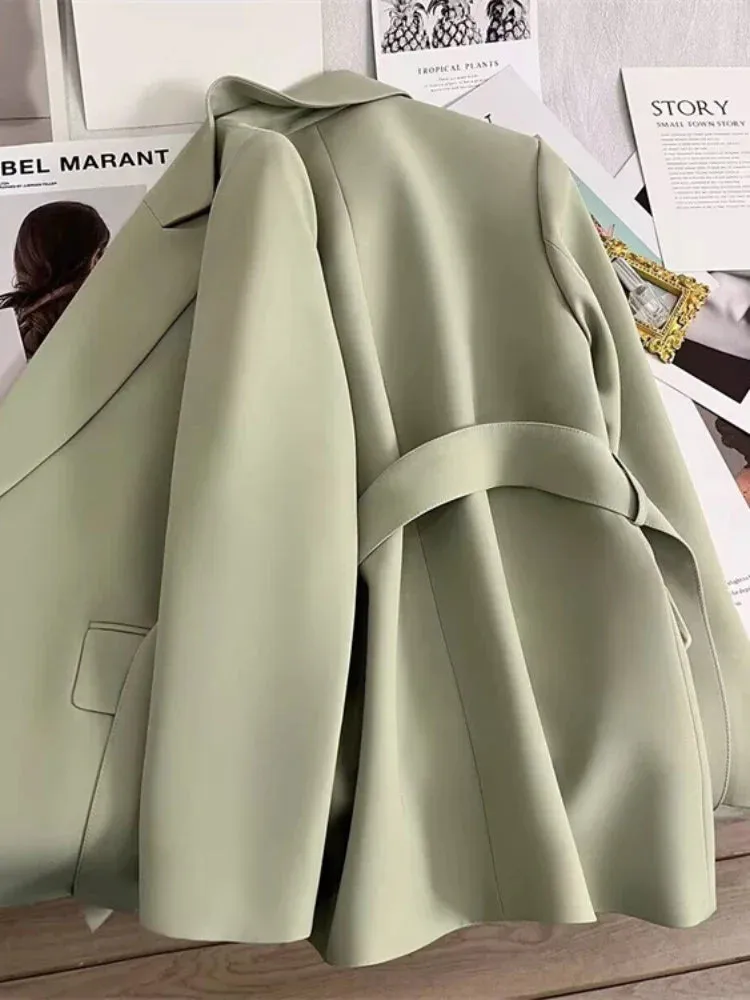 Women's Blazers Spring Autumn Suit Coat Beige Tie Up Jacket Slim Fit Stylish Top Outerwear Office Lady Blazer for Women Clothing