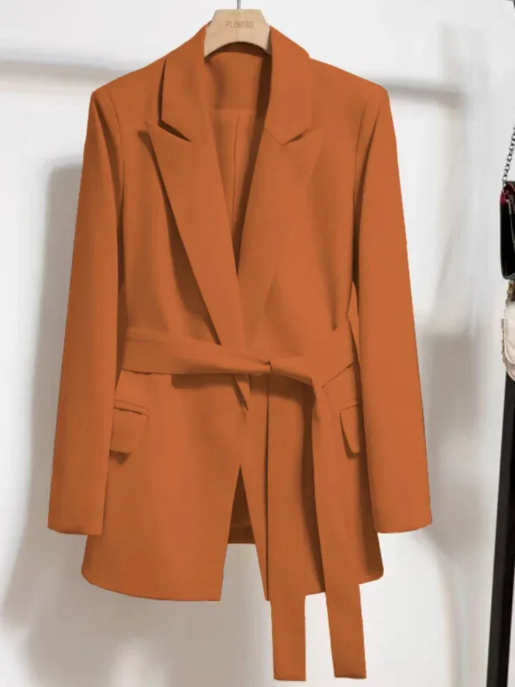 Women's Blazers Spring Autumn Suit Coat Beige Tie Up Jacket Slim Fit Stylish Top Outerwear Office Lady Blazer for Women Clothing