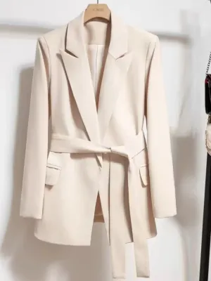 Women's Blazers Spring Autumn Suit Coat Beige Tie Up Jacket Slim Fit Stylish Top Outerwear Office Lady Blazer for Women Clothing