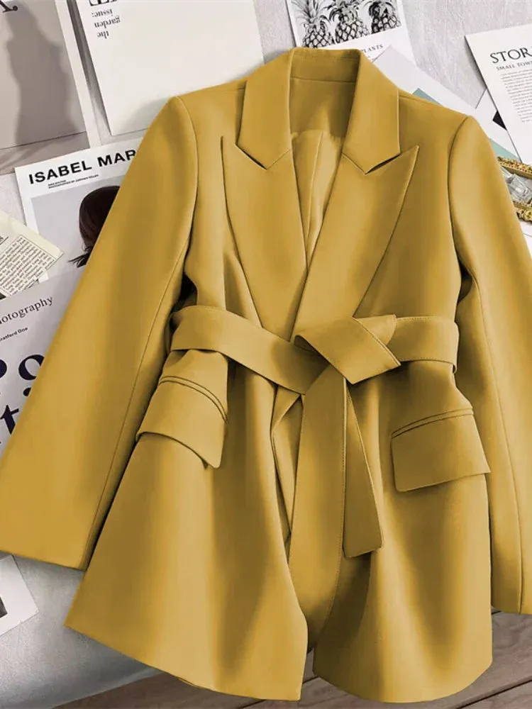 Women's Blazers Spring Autumn Suit Coat Beige Tie Up Jacket Slim Fit Stylish Top Outerwear Office Lady Blazer for Women Clothing