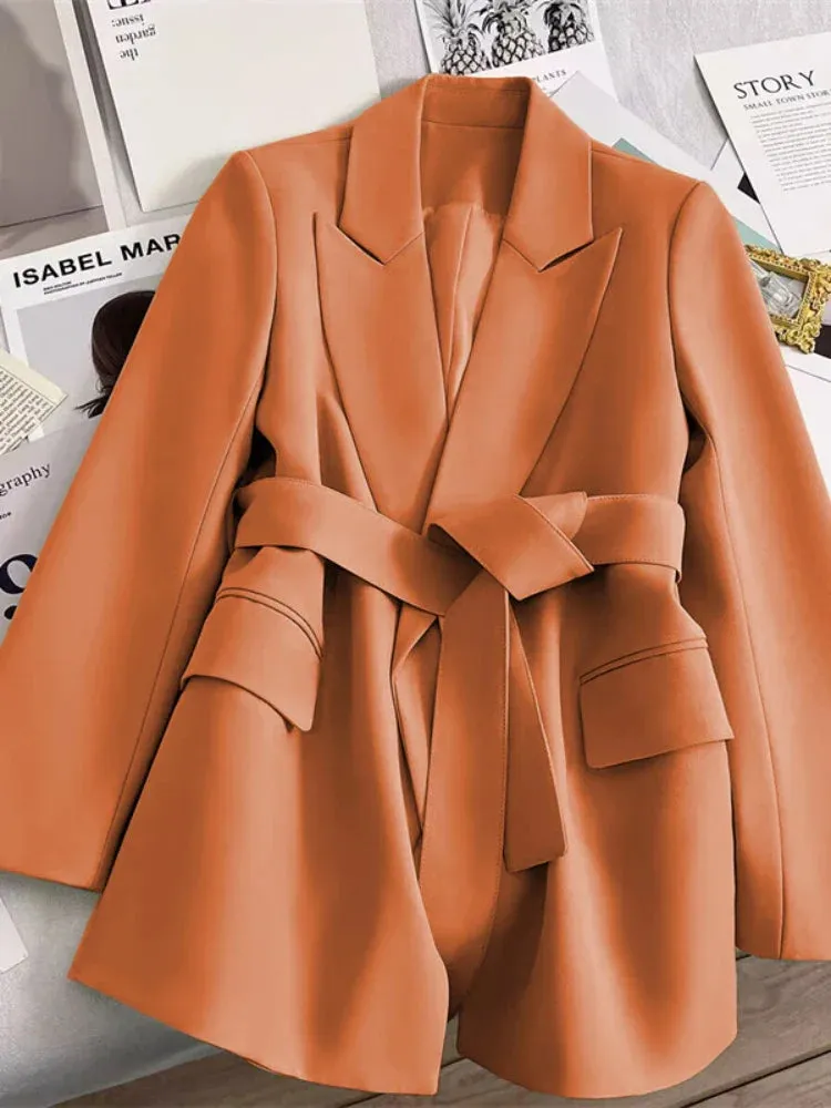 Women's Blazers Spring Autumn Suit Coat Beige Tie Up Jacket Slim Fit Stylish Top Outerwear Office Lady Blazer for Women Clothing