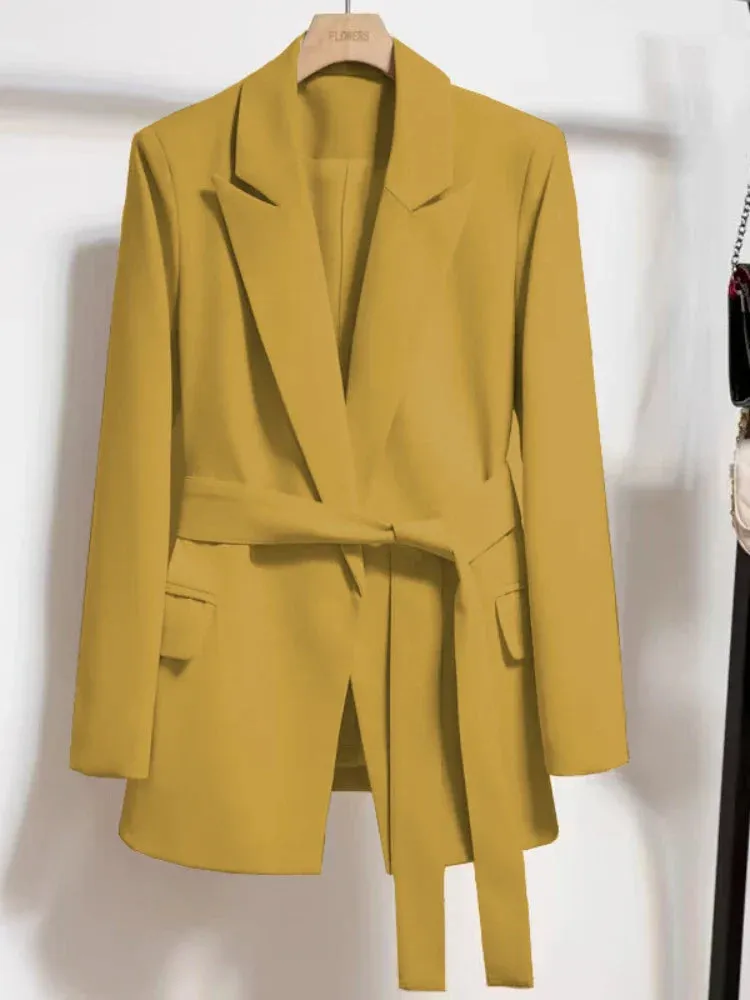 Women's Blazers Spring Autumn Suit Coat Beige Tie Up Jacket Slim Fit Stylish Top Outerwear Office Lady Blazer for Women Clothing