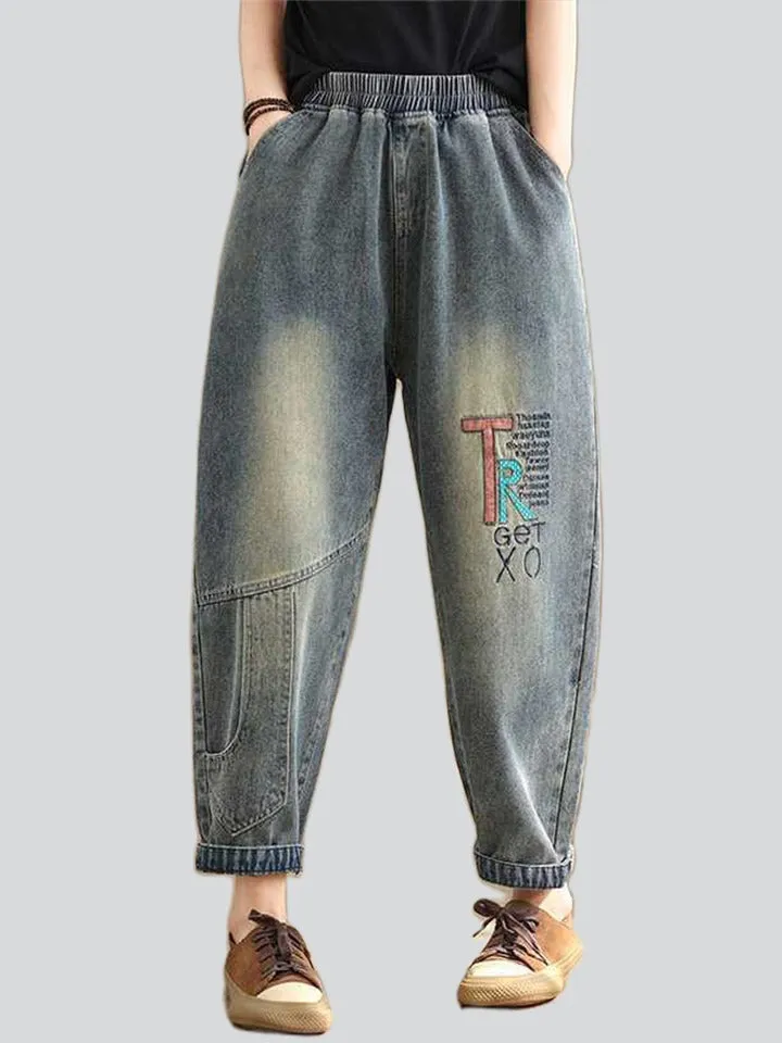 Women's Elastic Waist TR Patch Letter Embroidered Jeans