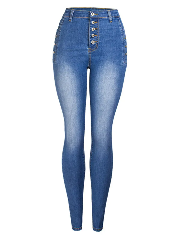 Women's Fashion Slim Fit Buttons Washed Effect Daily Denim Jeans