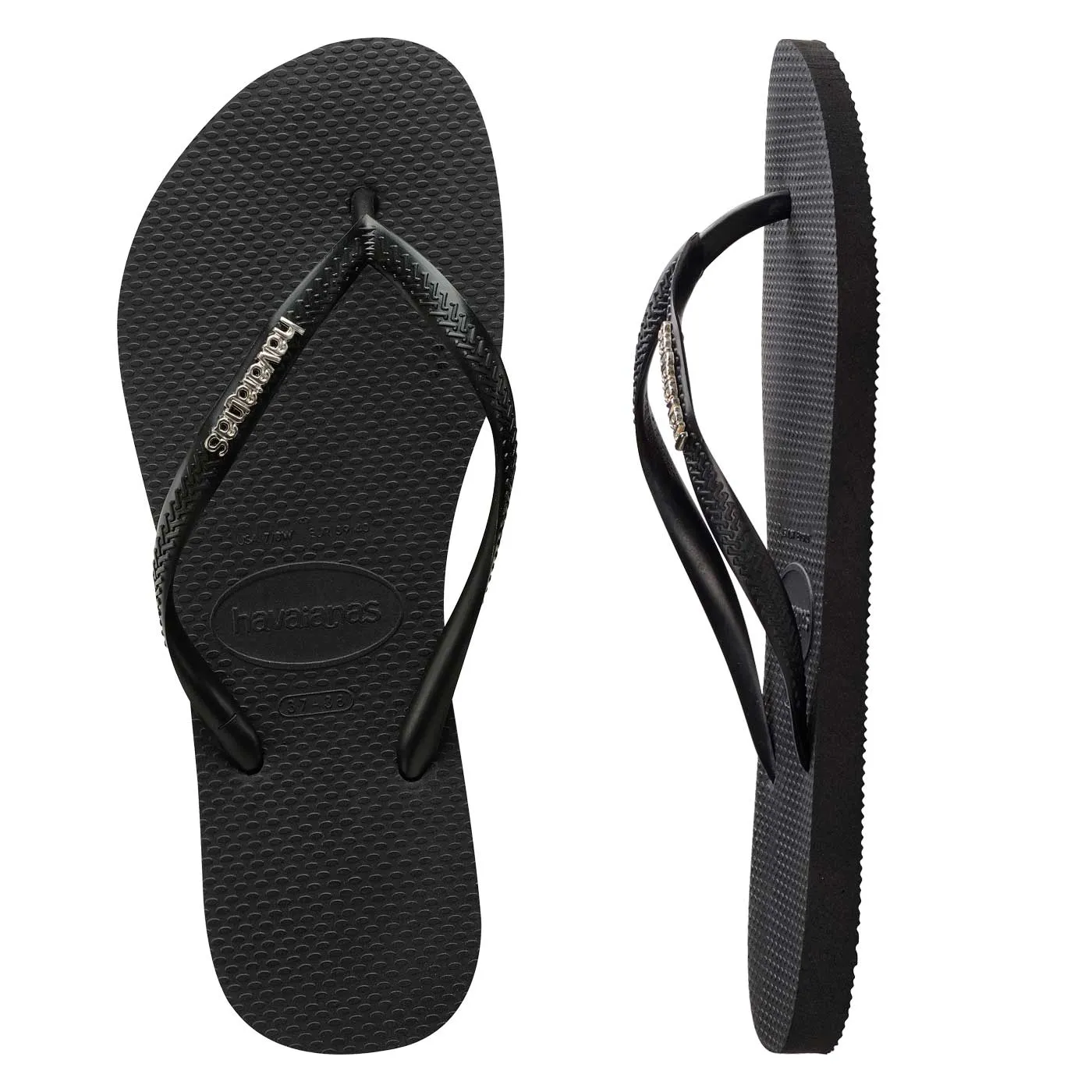 Womens Havaianas Slim Black/Silver Logo Thongs