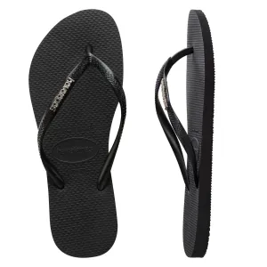 Womens Havaianas Slim Black/Silver Logo Thongs