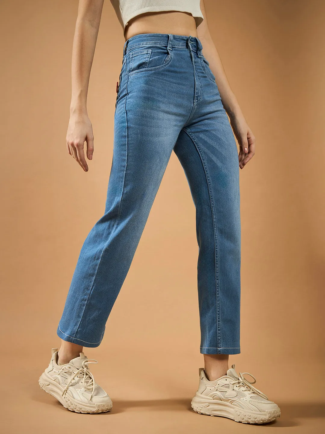 Women's Light Blue Wide-Leg fit Mid-Rise Regular-Length Stretchable Denim Jeans