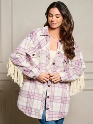 WOMEN'S LONG SLEEVE BUTTON UP FRINGE BACK DETAILED PLAID JACKET