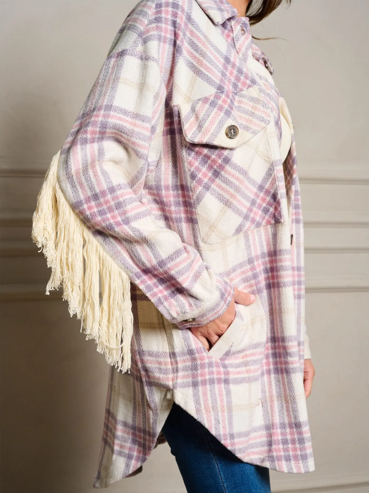 WOMEN'S LONG SLEEVE BUTTON UP FRINGE BACK DETAILED PLAID JACKET