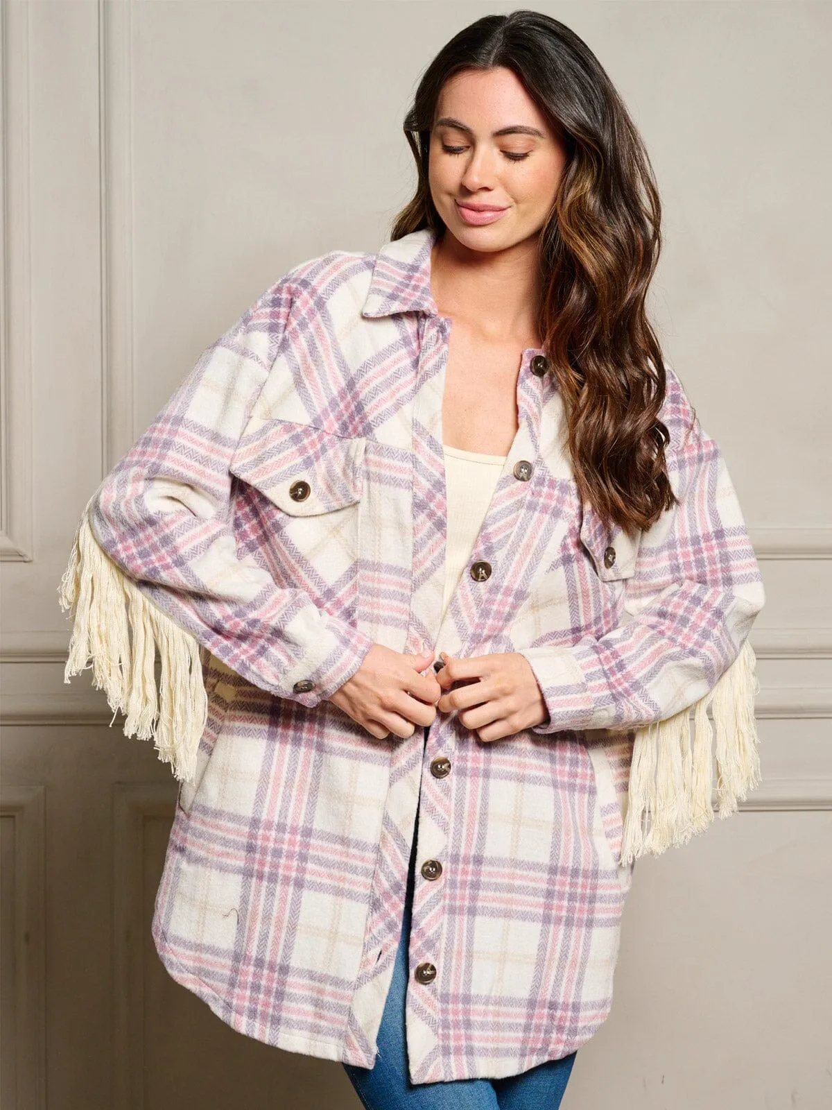 WOMEN'S LONG SLEEVE BUTTON UP FRINGE BACK DETAILED PLAID JACKET