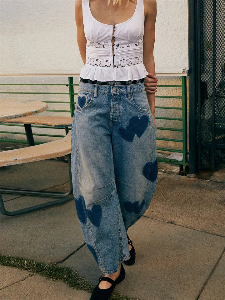 Women's Mid-Rise Heart & Five-pointed Star Pattern Jeans