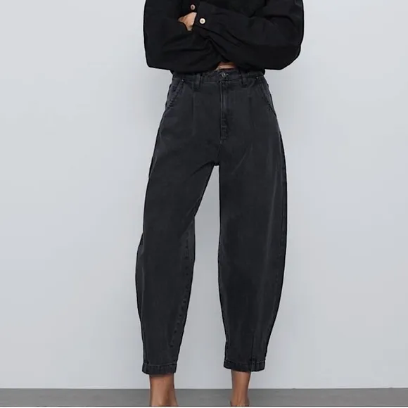 ZARA Baggy Slouchy Fit Paperbag Jeans High Waist Cropped Ankle Faded Black 8