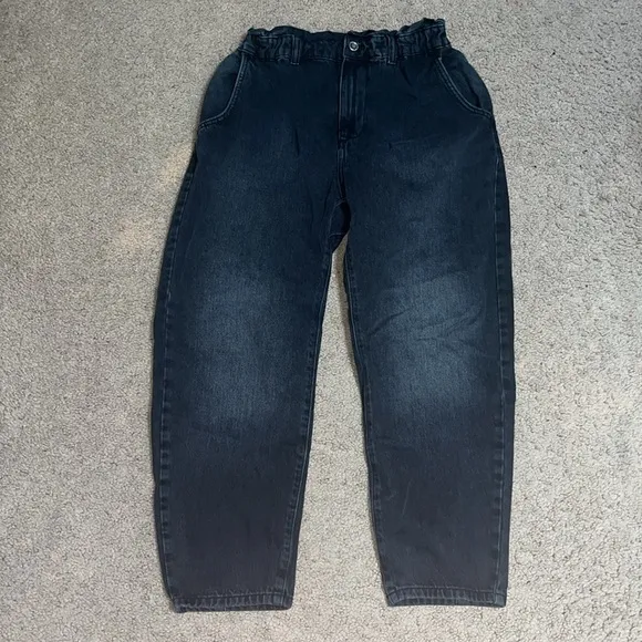 ZARA Baggy Slouchy Fit Paperbag Jeans High Waist Cropped Ankle Faded Black 8