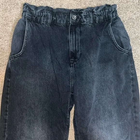 ZARA Baggy Slouchy Fit Paperbag Jeans High Waist Cropped Ankle Faded Black 8