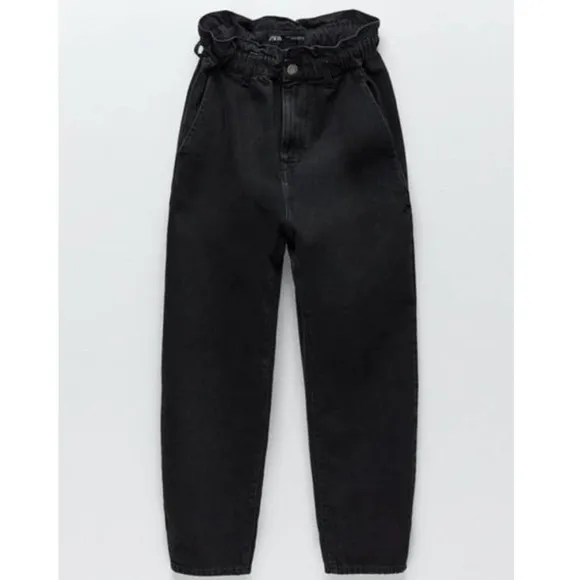 ZARA Baggy Slouchy Fit Paperbag Jeans High Waist Cropped Ankle Faded Black 8