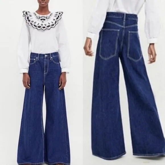 Zara The Vintage High Waisted Extra Wide Leg Jeans 6 Dark Wash Flare