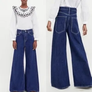 Zara The Vintage High Waisted Extra Wide Leg Jeans 6 Dark Wash Flare